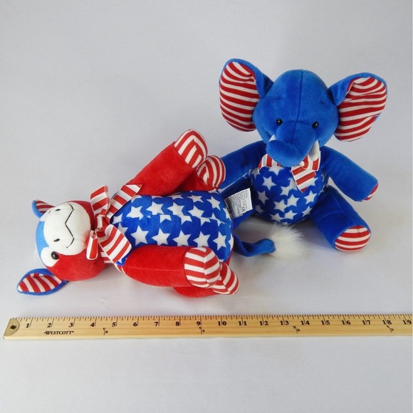 Set 2 Vtg Patriotic Election Mascots Elephant Donkey Plush Stars Stripe Red Blue - Picture 9 of 13